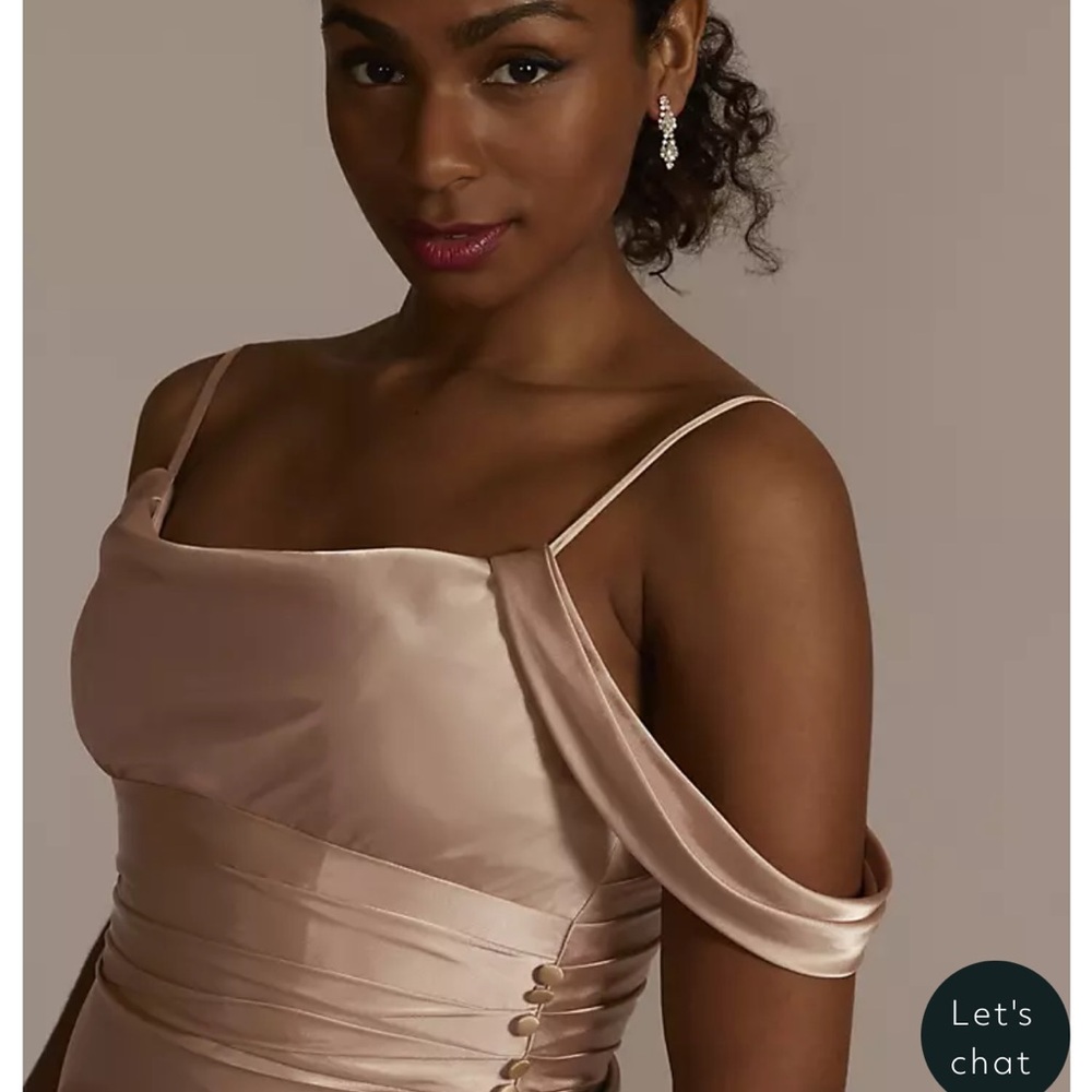 NWT Elegant Off-Shoulder Beige Satin Dress size 16 Galina Signature - Picture 3 of 7